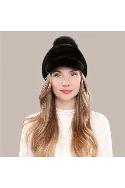 MARBERRY Black Pompom Plush Cap Women's Hat