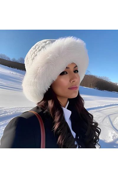 MARBERRY Ecru Faux Fur Plush Heart Women's Hat