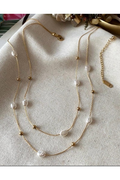 JEWELRY Çelik Altın Renk İkili Dorikalı İncili Kolye