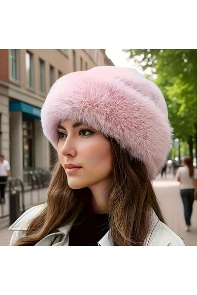MARBERRY Pink Faux Fur Plush Heart Women's Hat