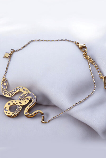 TAKIŞTIR Gold Color Snake Figured Steel Anklet