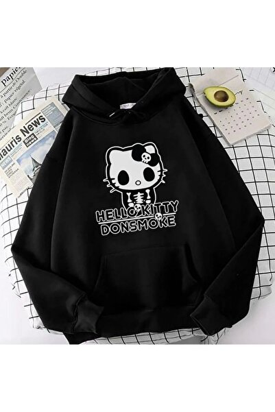 Violon HelloKitty Donsmoke unisex crna oversize majica sa kapuljačom - detalj...