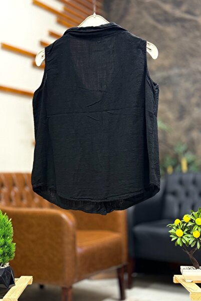 sahnemoda Льняний жилет з дерев'яними ґудзиками - з коміром і кишенями