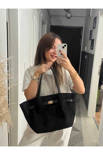 hill bag Women's Suede Black Snap Closure Design Faux Leather Belted Lined Handbag and Shoulder Bag