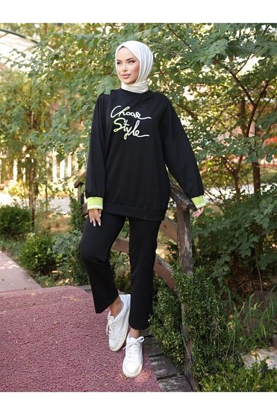 Wovi Moda Μαύρο Κεντημένο Oversize Γυναικείο Σετ Φούτερ - 2 Κλωστές Lycra