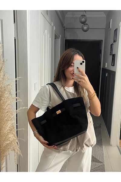 hill bag Geantă de mână și geantă de umăr pentru femei, piele de căprioară, neagră, cu închidere cu apăsare