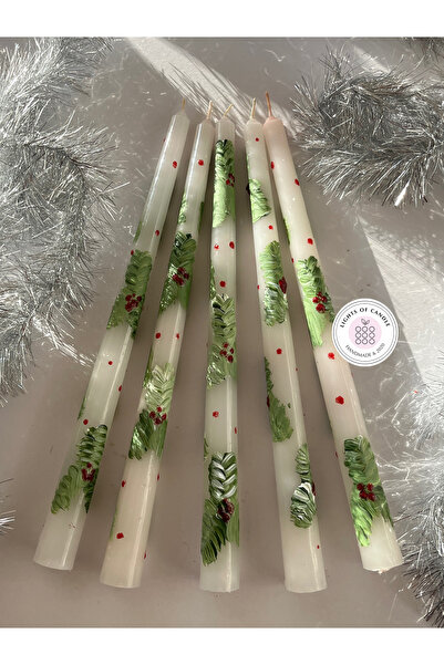 Lights Of Candle Yeniyıl- Yılbaşı Temalı Ağaç Yaprak Desenli El Boyaması Şamd...