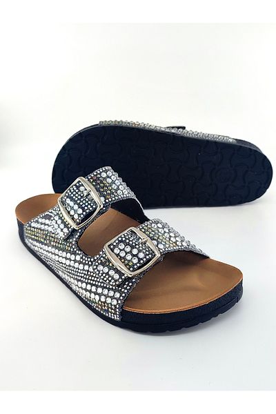 Esem Silver Color Stone Double Buckle Anatomic Trend Model Home, Street and Misfir Slippers