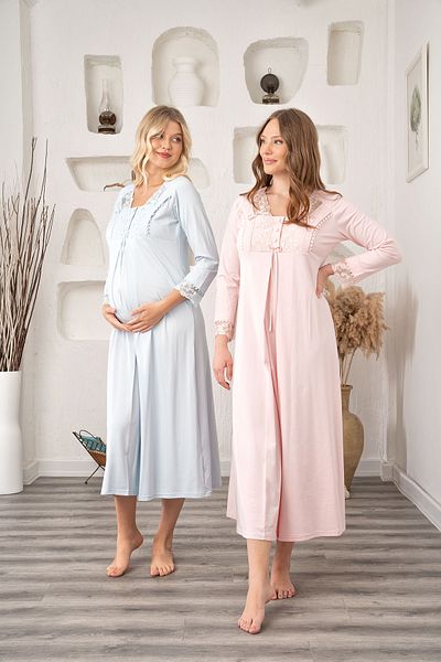 CT MODA Set de cămașă de noapte pentru femei, albastru, din lycra, cu design special, din bumbac, pentru maternitate