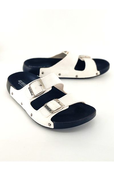 Esem White Color Double Buckle Trend Model Home, Street and Misfir Slippers