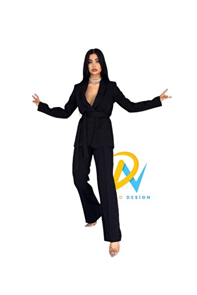 Genel Markalar Kadın Takım Elbise, Kemerli Şal Yaka Blazer Ceket Boru Paça Esnek Pantolon