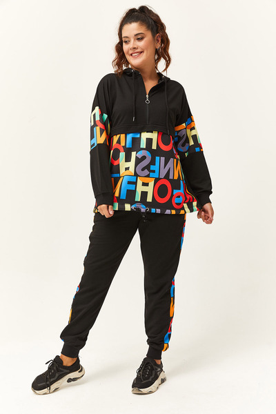 Ebsumu Γυναικείο σετ φόρμας σε μεγάλο μέγεθος, πολύχρωμο γράμμα, μαύρη φόρμα