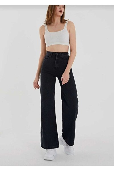 ByCukurovaFrango BY-4804 Γυναικείο μαύρο παντελόνι τζιν Palazzo με ψηλή μέση,...