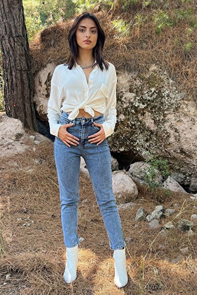 ByCukurovaFrango BY-2231 Vit Ανοιχτό μπλε Mom Jeans Lycra Ψηλόμεσο τζιν παντε...