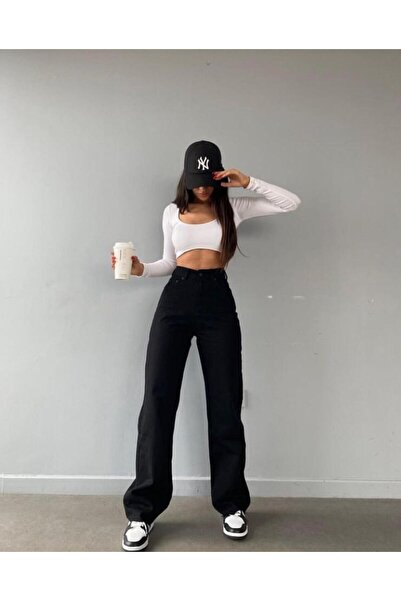 ByCukurovaFrango By-4194 High Waist Black Palazzo Jeans Stretchy Denim N Boyf...
