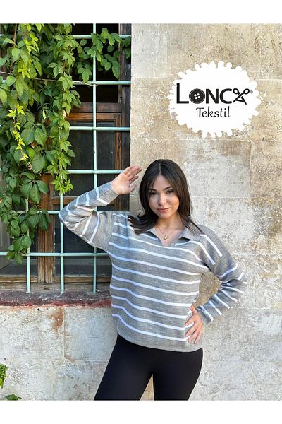 Lonca Tekstil Polo Neck Striped Knitwear Knitted Sweater