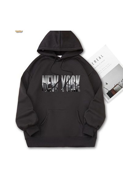Mikro Hanorac cu glugă unisex negru cu imprimeu New York