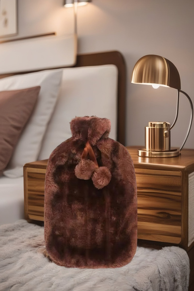 TOYFEST 2 Litre Ponponlu Yumuşak Peluş Sıcak Su Torbası Kahverengi