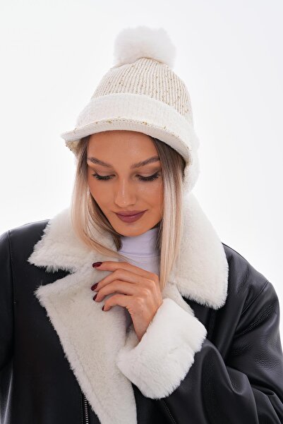Axesoire 14663 Ponponlu Kulak Kapatıcılı Siperli Ekru Kep Şapka