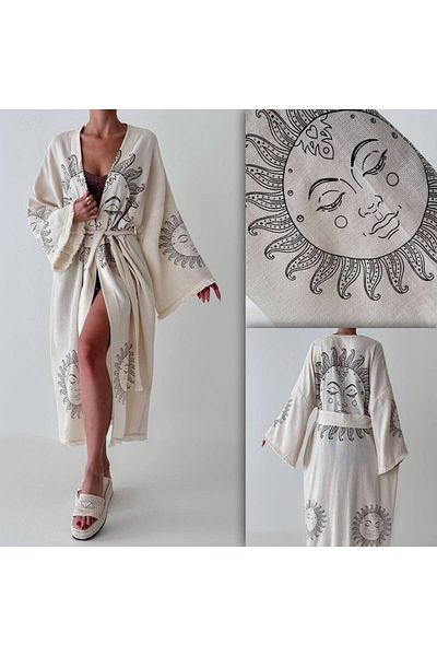FASHION COCKTAIL Бежово бохемско плажно кимоно кафтан - слънчев мотив, колан и пискюли, естествена материя