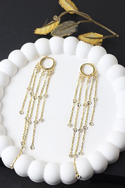 BY BARUN SİLVER Zincir Küpe Sallantılı Zirkon Taşlı 925 Ayar Sarı Gold Renk Gümüş Küpe