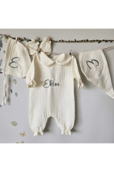 Butik Kişiselleştirilebilir Müslin bebe yaka tulum,şapka,eldiven seti