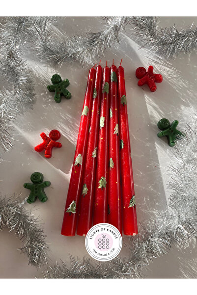 Lights Of Candle Yeniyıl- Yılbaşı Ağaç Desenli Kırmızı El Çizimi Şamdan Mum (...