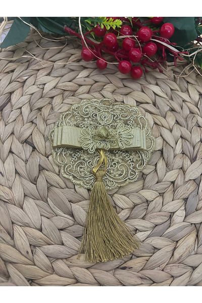 Deniz Party Store Glossy Gold Embroidered Tasseled Round Bag Decoration 2 Pieces