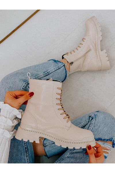 ERVANIN BUTİĞİ Bej Cilt (jacob) Kadın Bağcıklı Postal