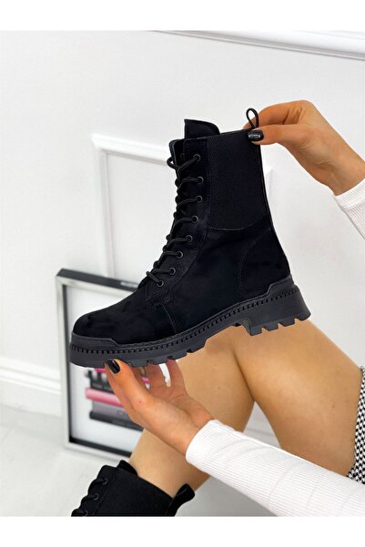 ERVANIN BUTİĞİ Siyah Süet (leroy) Lastik Detay Kadın Bağcıklı Postal