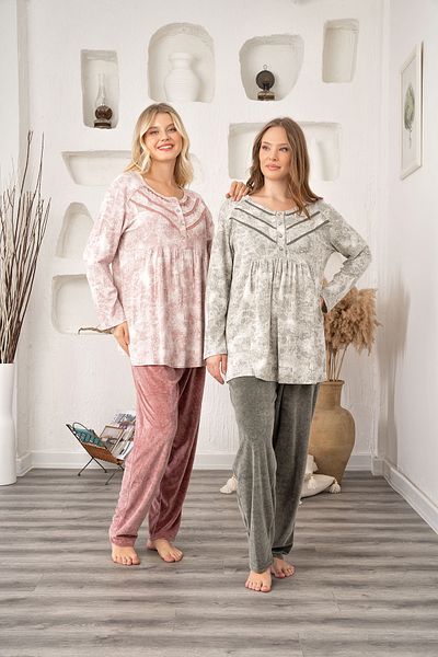 CT MODA Women's Dried Rose Patterned Thick Winter Plus Size (Oversize) Long Sleeve Pajama Set