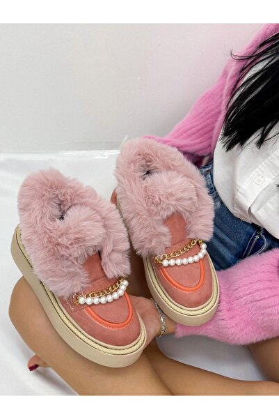 ERVANIN BUTİĞİ Pudra Süet (Loretta) Tüylü İnci Detay Kadın Bot