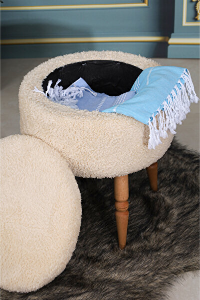 PUFMANYA TUĞBA MİX KREM PELUŞ ÖZEL TASARIM CEVİZ GÜRGEN AYAKLI SANDIKLI PUF K...