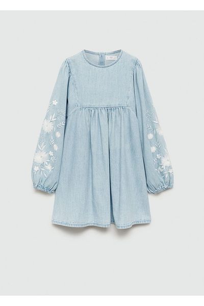 MANGO Kids Φόρεμα τζιν με κέντημα λουλουδιών