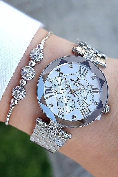 Daniel Klein 33 mm Çelik Bilezik Kesme Camlı Metalik Kadın Kol Saati, Taşlı Bileklik Hediyeli