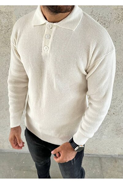 ROBERTO BORNOVA Ekru 3 Düğme Selanik Örme Triko Kazak