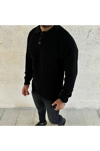 ROBERTO BORNOVA Черен плетен пуловер с 3 копчета Thessaloniki