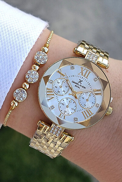 Daniel Klein 33 mm Çelik Bilezik Kesme Camlı Altın Sarısı Kadın Kol Saati, Taşlı Bileklik Hediyeli