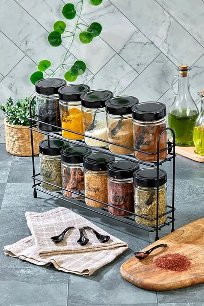 Besthırdavat Set of 10 Glass Spice Racks with 2 Tiers Large Metal Stand 350 ml Jar Set with Labels