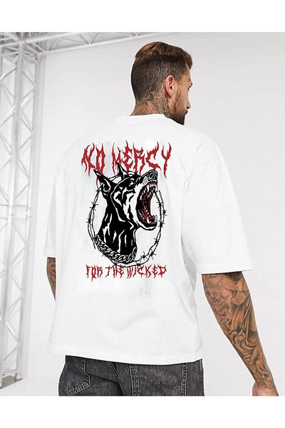 Relax family xf No Mercy White Oversize Ανδρικό T-shirt - Εκτύπωση στην πλάτη