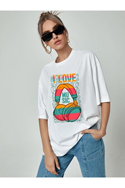 Relax family xf Beli Volim Muziku Štampano Oversize kroj T-shirt