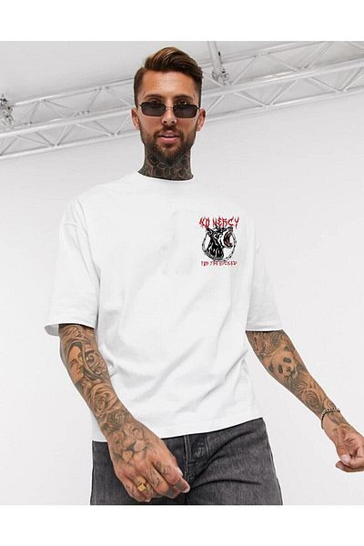 Relax family xf No Mercy White Oversize Ανδρικό T-shirt - Εκτύπωση στην πλάτη