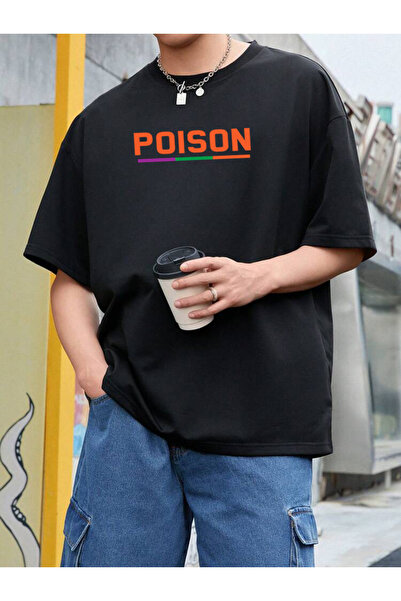 Relax family xf تي شيرت أسود كبير الحجم مطبوع عليه Poison مصنوع من نسيج قطني