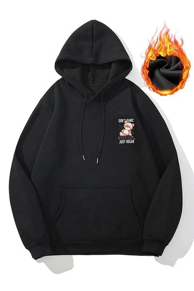 Relax family xf Hanorac negru pentru bărbați, slim fit, cu glugă - bumbac imprimat