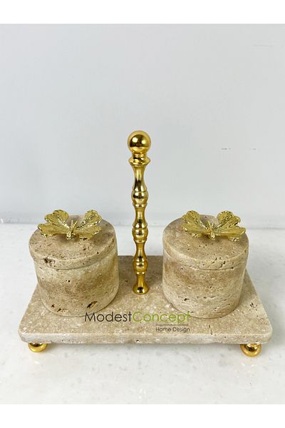 Modestmar Travertine Marble 3-Piece Spice Jar Set with Gold Butterfly Lid