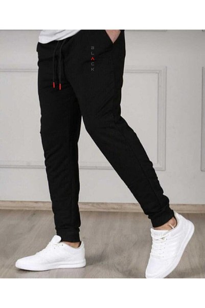 VAN VLECK Men's Black Slim Fit Sweatpants Narrow Leg Jogger Two Thread Cotton Printed