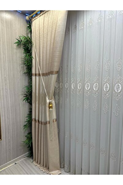 NİVEMESHOME Star 2027 Gold Detailled 1/3 Fine Plied Tulle Curtain Apm