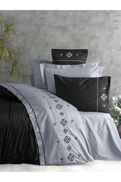 Cotton Box Elisa Gray - Double Embroidered Satin Duvet Cover Set
