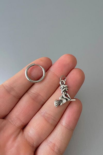 Jaida Moda Unisex Silver Christmas Halloween Flying Witch with Broom Dangle Steel Hoop Earrings