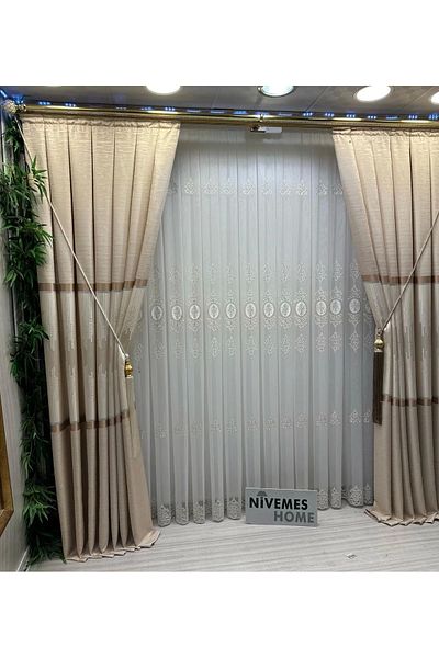NİVEMESHOME Nivemeshome Star 2027 - Gold Detailed 1/3 Tight Pleated Tulle Curtain